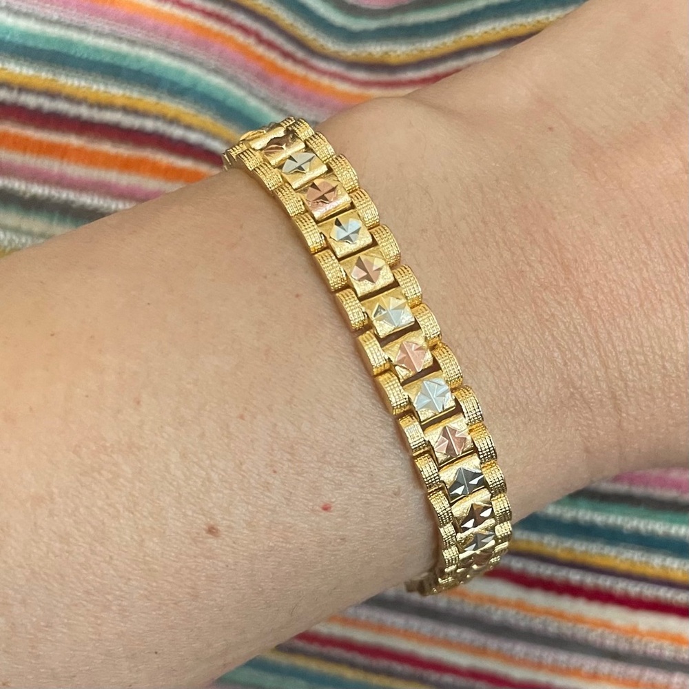 Tri Tone Watchband Style Geometric Diamond Cut 18k Gold Filled NWOT Stackable - Picture 7 of 9